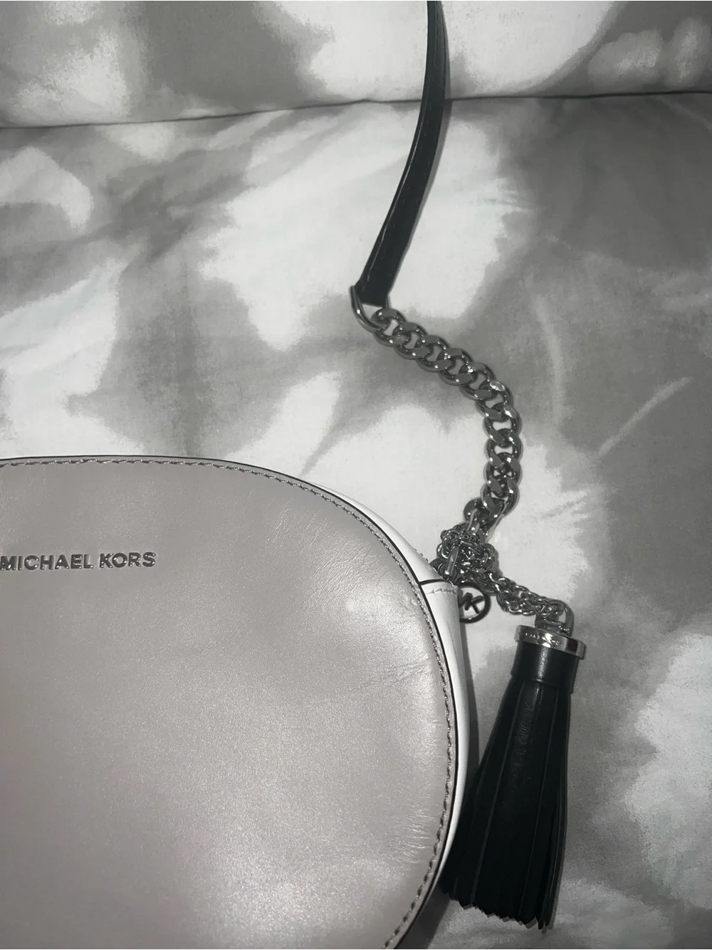 Michael Kors Silver Oval Leather Crossbody with Tassel